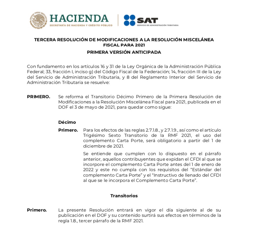 SAT OFICIALIZA PRORROGA A LA CARTA PORTE PARA 2022 misKuentas misKuentas